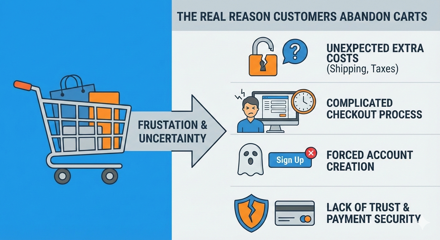 Visual showing top reasons for cart abandonment: unexpected costs, complicated checkout, forced account creation, and lack of trust